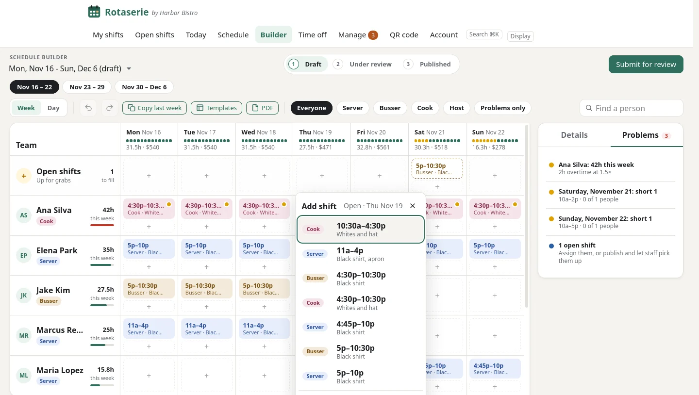 The builder's problem list, with the quick-add menu of usual shift times