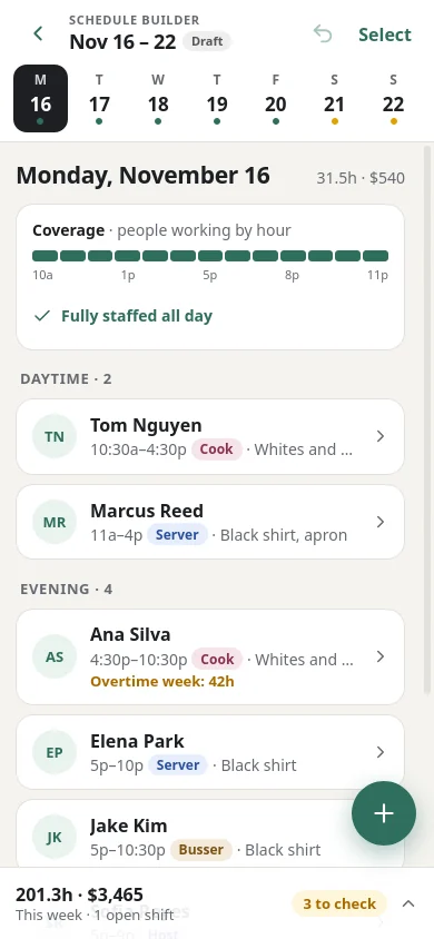 The schedule builder on an iPhone
