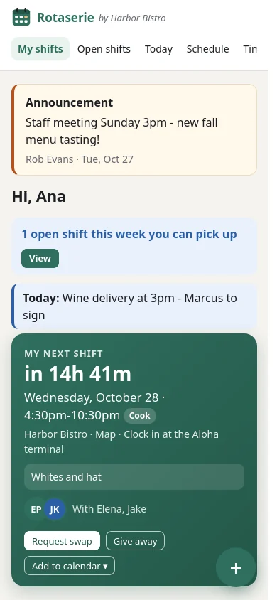 Staff home screen with the next shift and a countdown