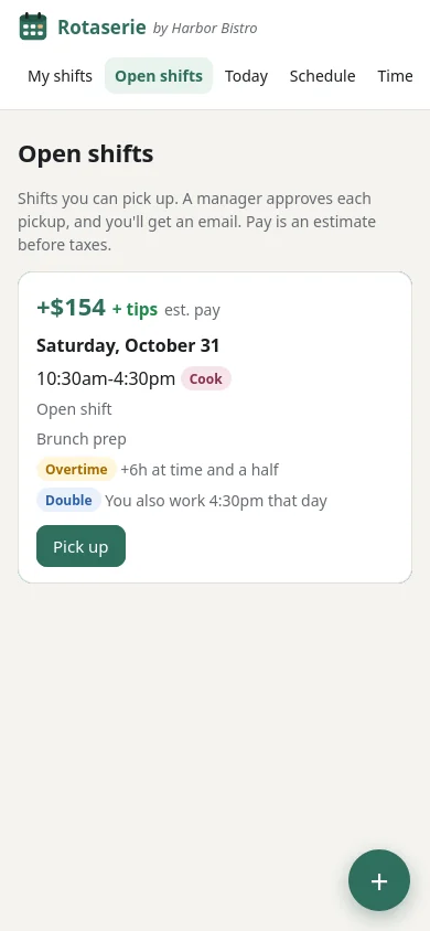 Open shifts with estimated pay